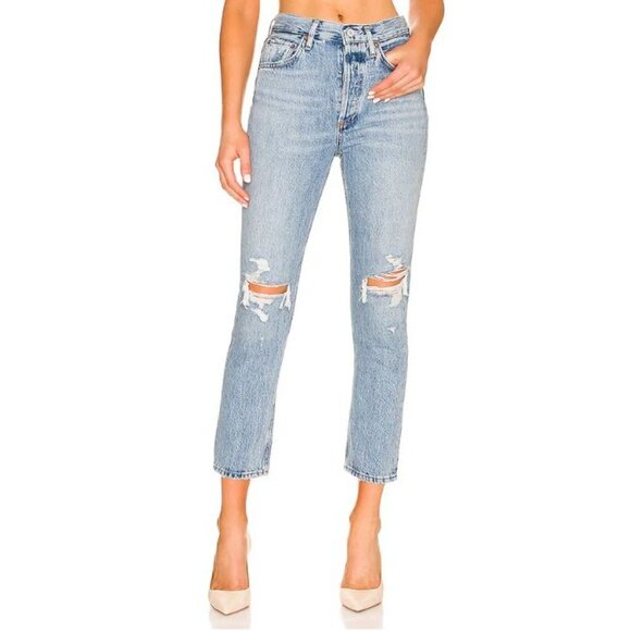 Agolde Riley High Rise Straight Crop Jeans Womens 23 Light Wash Distressed 100% - Picture 1 of 16